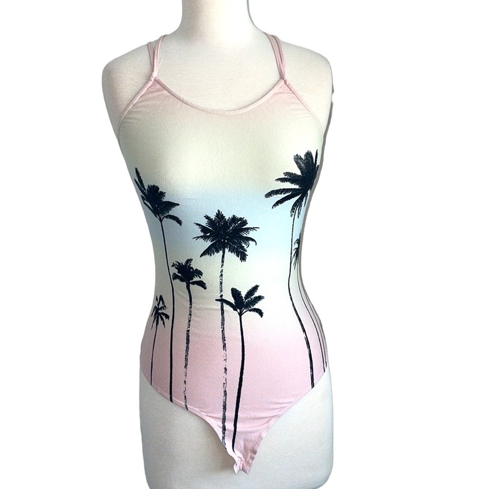 RUSH palm tree pastel tank snap bodysuit with double straps in Women’s small